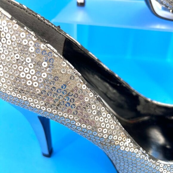 NWT NINE WEST METALLIC SILVER HEEL SEQUIN OPEN TOE HEELS - 7 - Picture 7 of 16